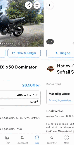 Annoncedetalje med swipe mellem motorcykler